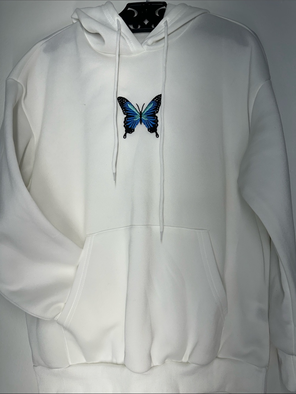 White Hoodie with Blue Butterfly Embroidery